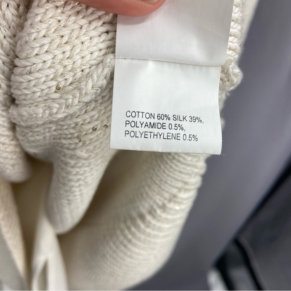 Lafayette 148 Oversized V-Neck Sweater Cotton Silk Ivory with Gold Sequins - Picture 8 of 9